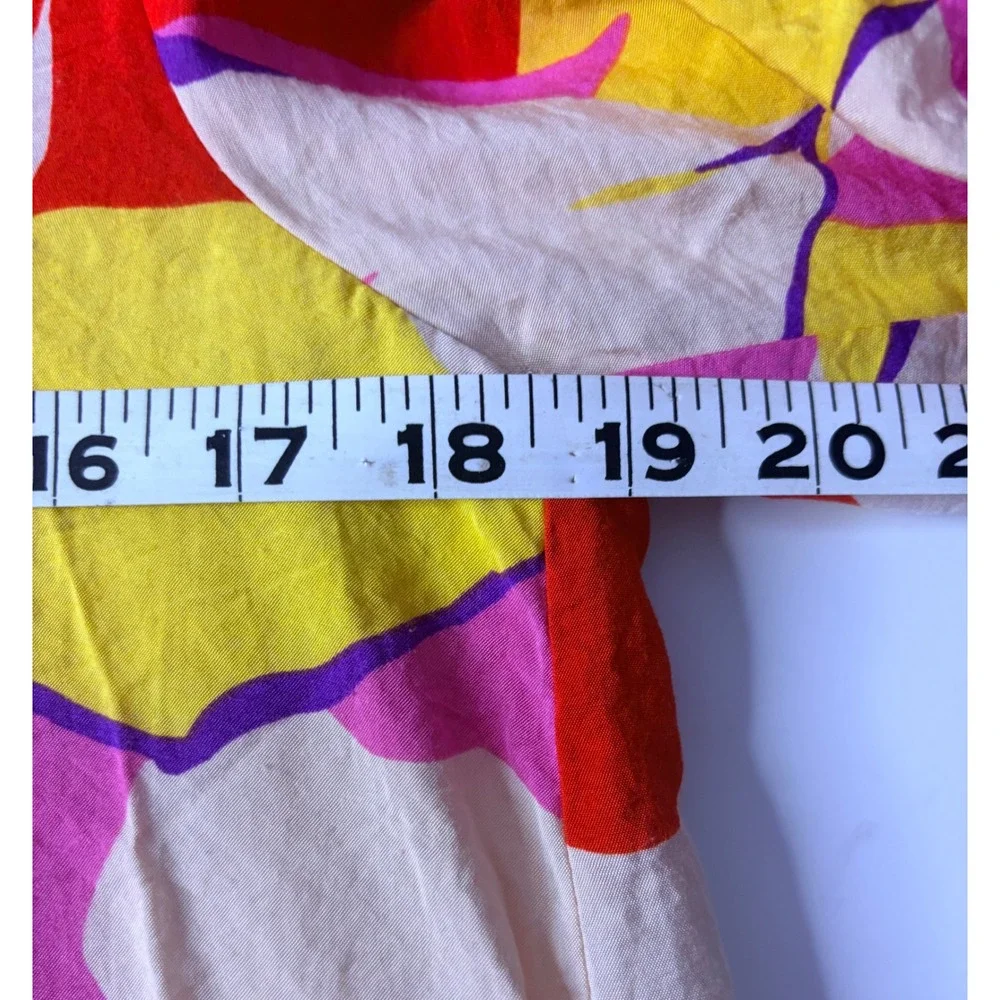 Red Yellow Floral V-Neck Band Collar Puff Sleeve Blouse Colorful Chic Size M - Picture 5 of 6